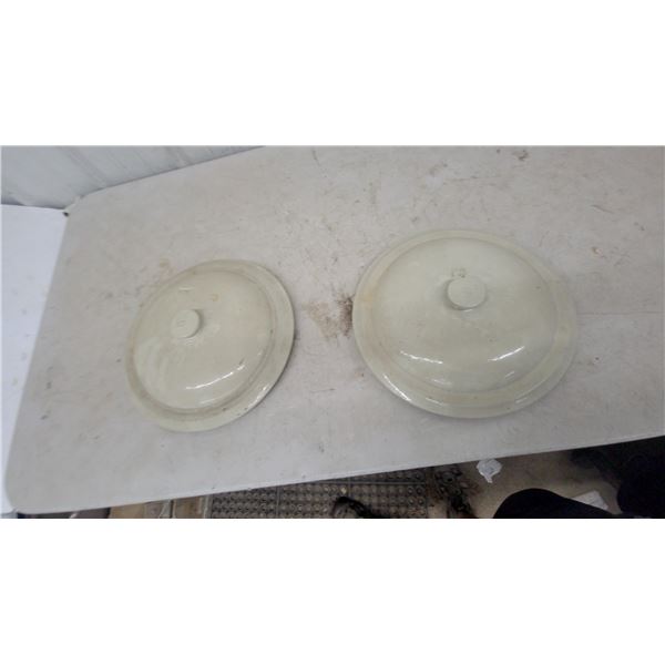 Pair of Vintage Cream Glazed Stoneware Lids, Both for 6-Gallon