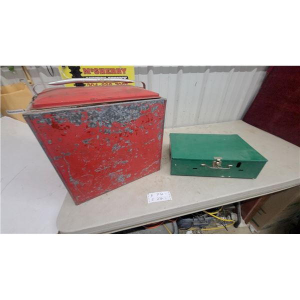Vintage Red Metal Portable Ice Chest and Green Coleman Two-Burner Camping Stove 431