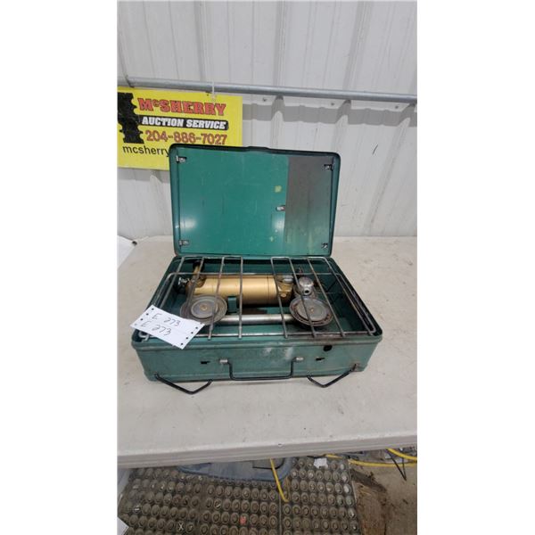 Eaton's of Canada Vintage 2-Burner Portable Camping Stove with Green Metal Case and Brass Fuel Tank