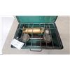 Image 2 : Eaton's of Canada Vintage 2-Burner Portable Camping Stove with Green Metal Case and Brass Fuel Tank