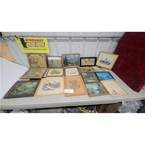 Large Lot of 16 Vintage Framed Pictures: Landscapes, Portraits, and Florals