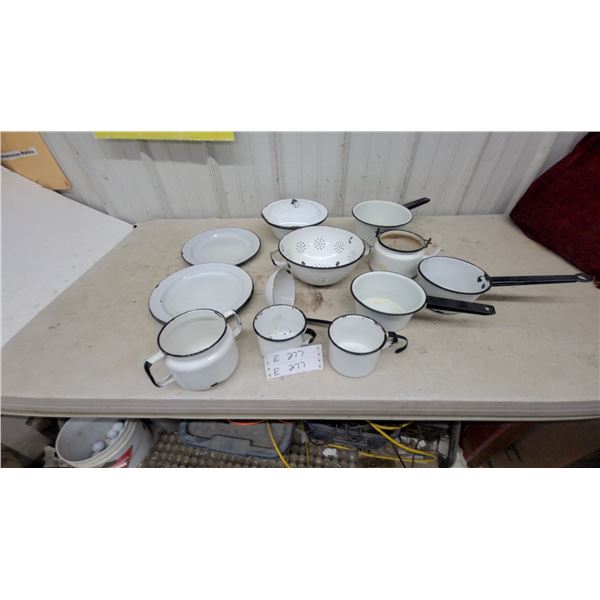 Vintage White Enamelware Collection Including Mugs, Plates, Pots, Colander