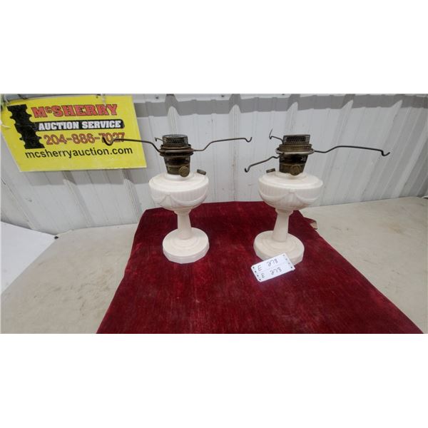 Pair of Antique Milk Glass Aladdin Oil Lamps, Drapery Swag Pattern