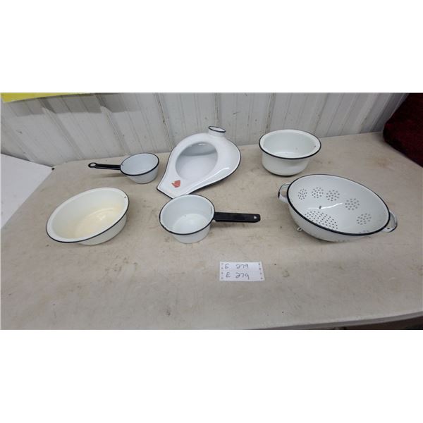 Vintage Metalac White Enamelware Bedpan, Colander, Saucepans, Bowls