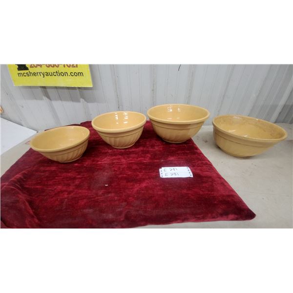 Set of 4 Nested Yellowware Stoneware Mixing Bowls with Ribbed Exterior