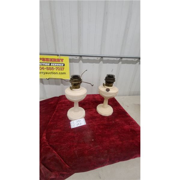 Pair of Antique Aladdin Milk Glass Kerosene Oil Lamps with Ribbed Founts