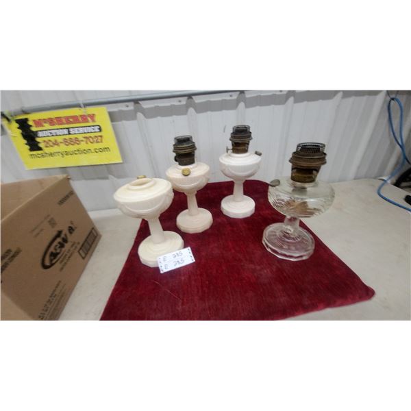 4 Antique Kerosene Oil Lamps: Milk Glass and Pressed Clear Glass