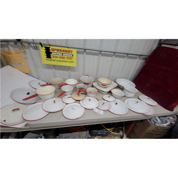 Vintage White Enamelware Collection with Red Trim, Pots, Pans, Lids, Bowls, Colander