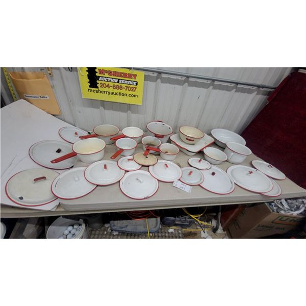 Large Collection of Vintage White Enamelware with Red Trim, Pots, Pans, Roasters, Colander