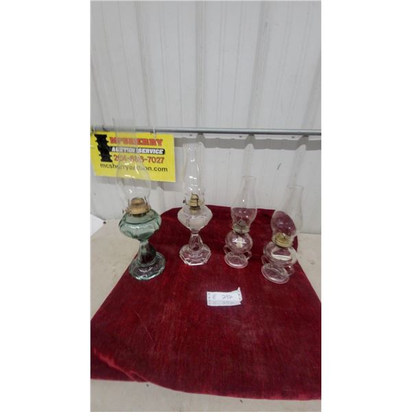 Set of Four Antique Glass Oil Lamps with Clear Chimneys, Green Fluted and Frosted Heart Designs