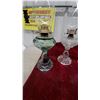 Image 2 : Set of Four Antique Glass Oil Lamps with Clear Chimneys, Green Fluted and Frosted Heart Designs