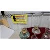Image 6 : Set of Four Antique Glass Oil Lamps with Clear Chimneys, Green Fluted and Frosted Heart Designs