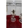 Image 3 : Set of Three Vintage Clear Pressed Glass Kerosene Finger Lamps with Handles and Glass Chimneys