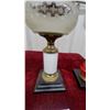 Image 10 : Three Antique Oil Lamps: Yellow-Green Patterned, Frosted Glass, and Clear With Painted Pedestals
