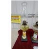 Image 2 : Three Antique Oil Lamps: Yellow-Green Patterned, Frosted Glass, and Clear With Painted Pedestals