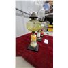 Image 3 : Three Antique Oil Lamps: Yellow-Green Patterned, Frosted Glass, and Clear With Painted Pedestals