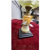 Image 4 : Three Antique Oil Lamps: Yellow-Green Patterned, Frosted Glass, and Clear With Painted Pedestals