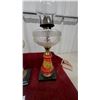 Image 6 : Three Antique Oil Lamps: Yellow-Green Patterned, Frosted Glass, and Clear With Painted Pedestals