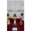 Image 8 : Three Antique Oil Lamps: Yellow-Green Patterned, Frosted Glass, and Clear With Painted Pedestals