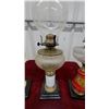 Image 9 : Three Antique Oil Lamps: Yellow-Green Patterned, Frosted Glass, and Clear With Painted Pedestals