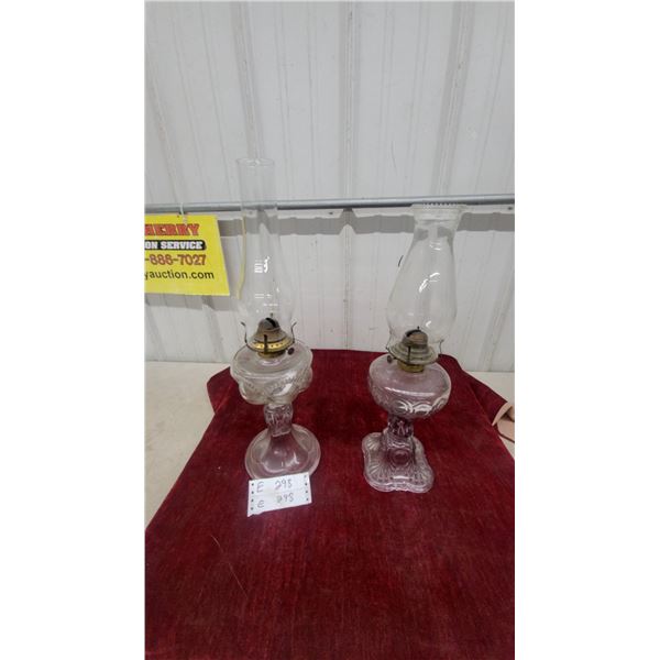 Pair of Vintage Clear Pressed Glass Oil Lamps with Decorative Molded Fonts and Bases