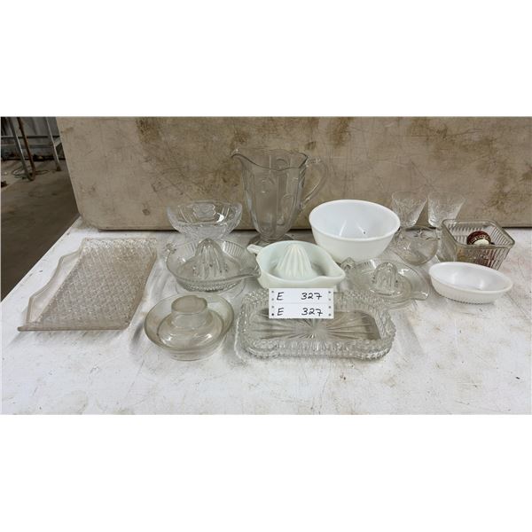 Assorted Glassware and Milk Glass: Pitcher, Bowls, Juicers, Trays