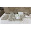 Image 1 : Assorted Glassware and Milk Glass: Pitcher, Bowls, Juicers, Trays