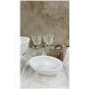 Image 2 : Assorted Glassware and Milk Glass: Pitcher, Bowls, Juicers, Trays