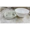 Image 4 : Assorted Glassware and Milk Glass: Pitcher, Bowls, Juicers, Trays