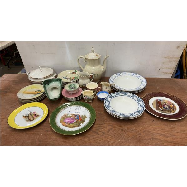 Assorted Dinnerware and Tea Set: Creamware Coffee Pot, Floral Plates, Cups, and Saucers