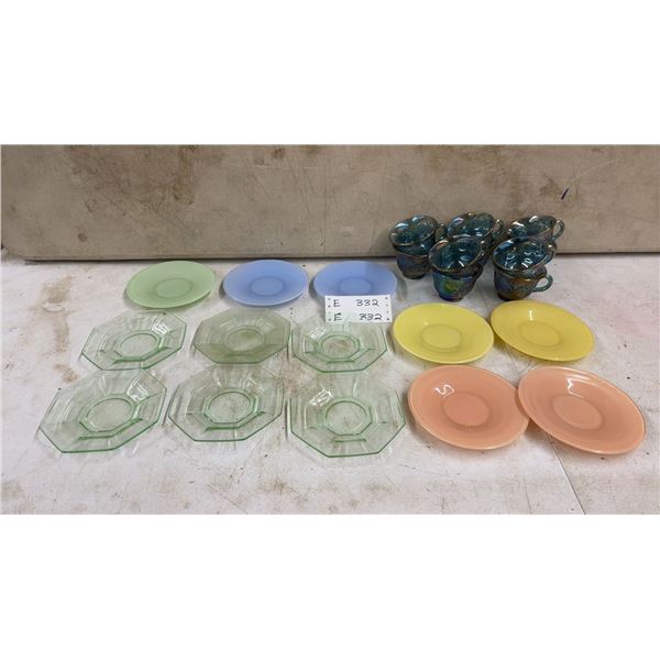 Assorted Depression Glass: 6 Octagonal Green Plates and 2 Round Green Plates