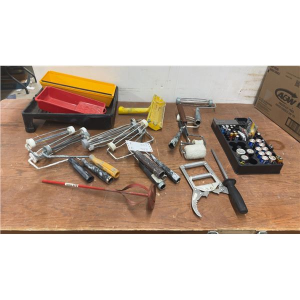 Paint Roller Handles, Trays, and Batteries with Battery Tester