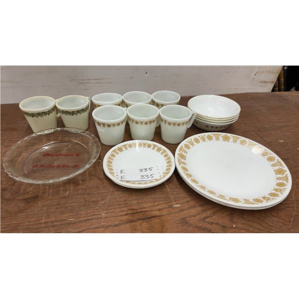 White and Gold Floral Dinnerware and Pyrex Mugs, Green Floral Mugs, and Glass Pie Plate