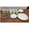 Image 1 : White and Gold Floral Dinnerware and Pyrex Mugs, Green Floral Mugs, and Glass Pie Plate