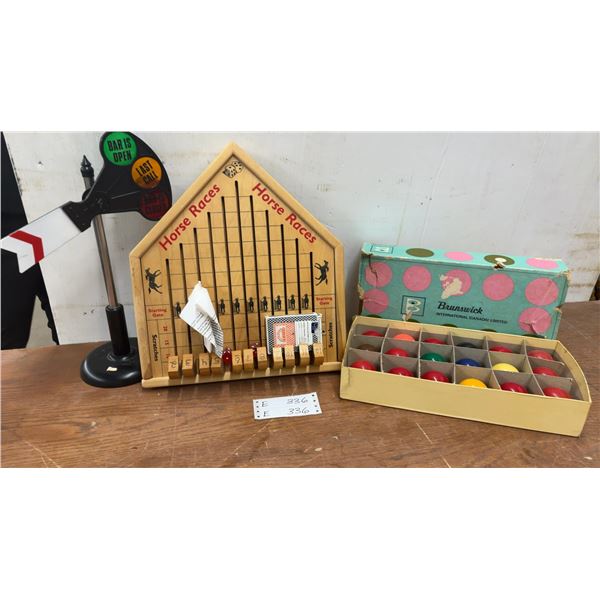 Brunswick Billiard Balls in Original Box, Horse Races Board Game, and Bar Is Open Sign