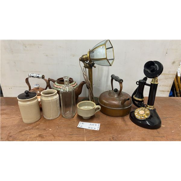 Vintage Candlestick Telephone, Two Copper Kettles, Table Lamp, Teapot