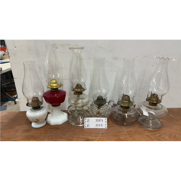 Oil Lamps: Red Glass Lamp, Clear Glass Lamps, with chimneys