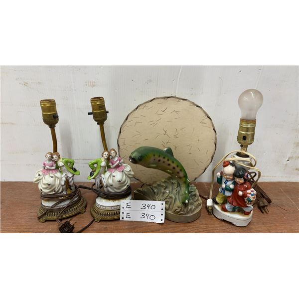 Four Figural Table Lamps: Two Porcelain Couples, One Fish, and One Asian Couple
