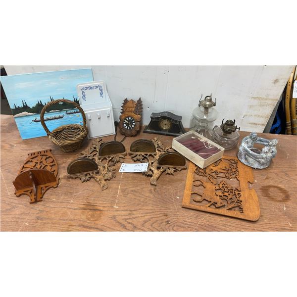 Waterbury Clock Co. Mantle Clock, Cuckoo Clock, Basket, Painting
