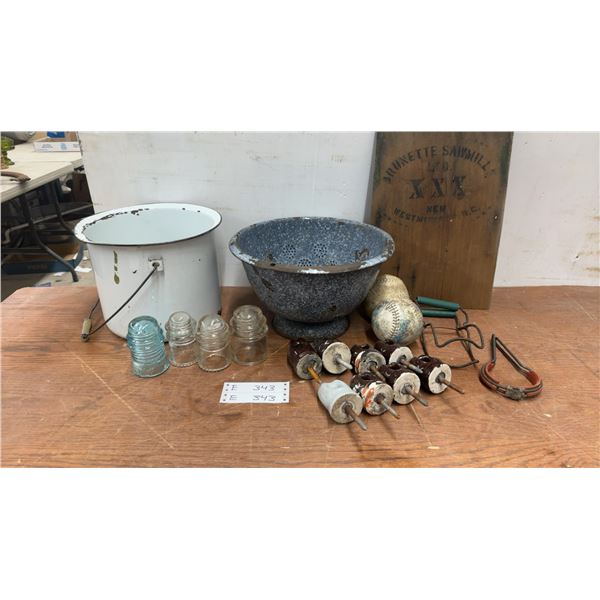 Brunette Sawmill Sign, Enamel Pot, Colander, Glass and Ceramic Insulators