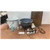 Image 1 : Brunette Sawmill Sign, Enamel Pot, Colander, Glass and Ceramic Insulators