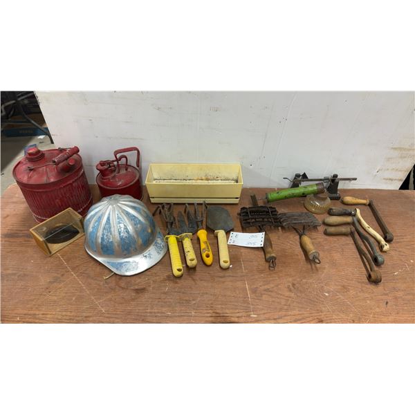 Vintage Gas Cans, Hard Hat, Garden Tools