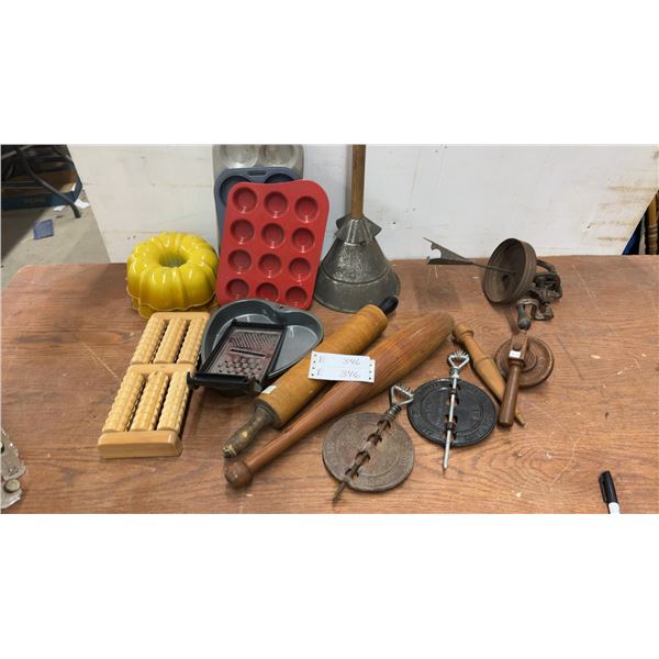 Vintage Kitchenware and Tools: Rolling Pins, Grater, Muffin Tins, Cast Iron Dampers