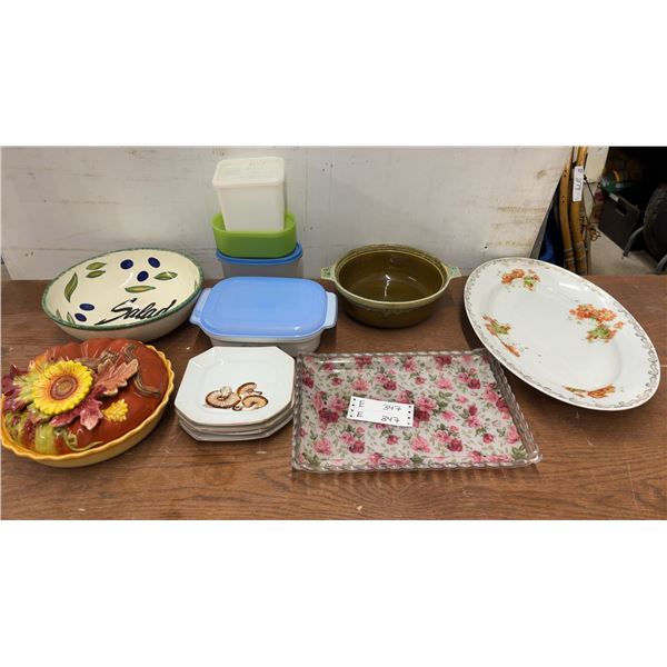 Assorted Kitchenware: "Salad" Bowl, Pumpkin Dish, Mushroom Plates, and Covered Dishes