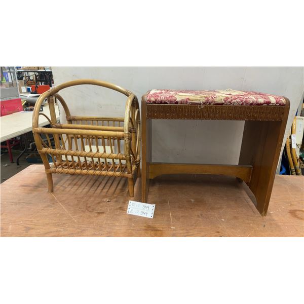 Rattan Magazine Rack and Upholstered Vanity Stool