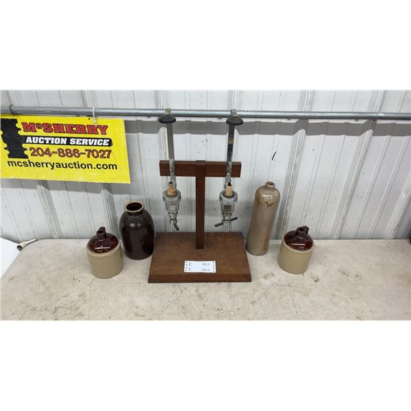 Vintage Bar Butler Liquor Dispenser Stand and 4 Stoneware Jugs and Bottles