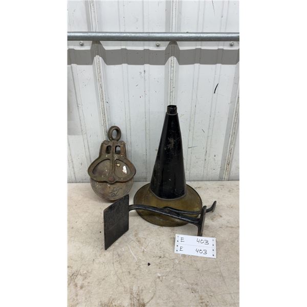Vintage Pulley, Brass and Black Horn, and Cast Iron Foot Pedal