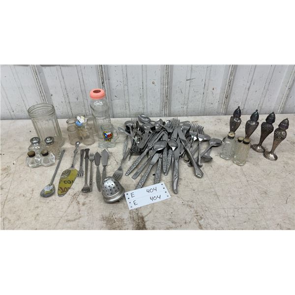 Assorted Flatware, Silverplate Shakers, Glass Shakers