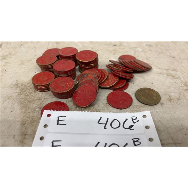 Sun-Burst Coin Machines Inc. "No Cash Value" Tokens, Lot of 50+ Red and Brass Tokens