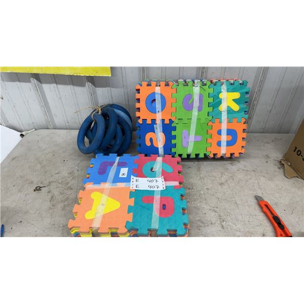 Children's Foam Interlocking Floor Mats and Blue Rubber Rings